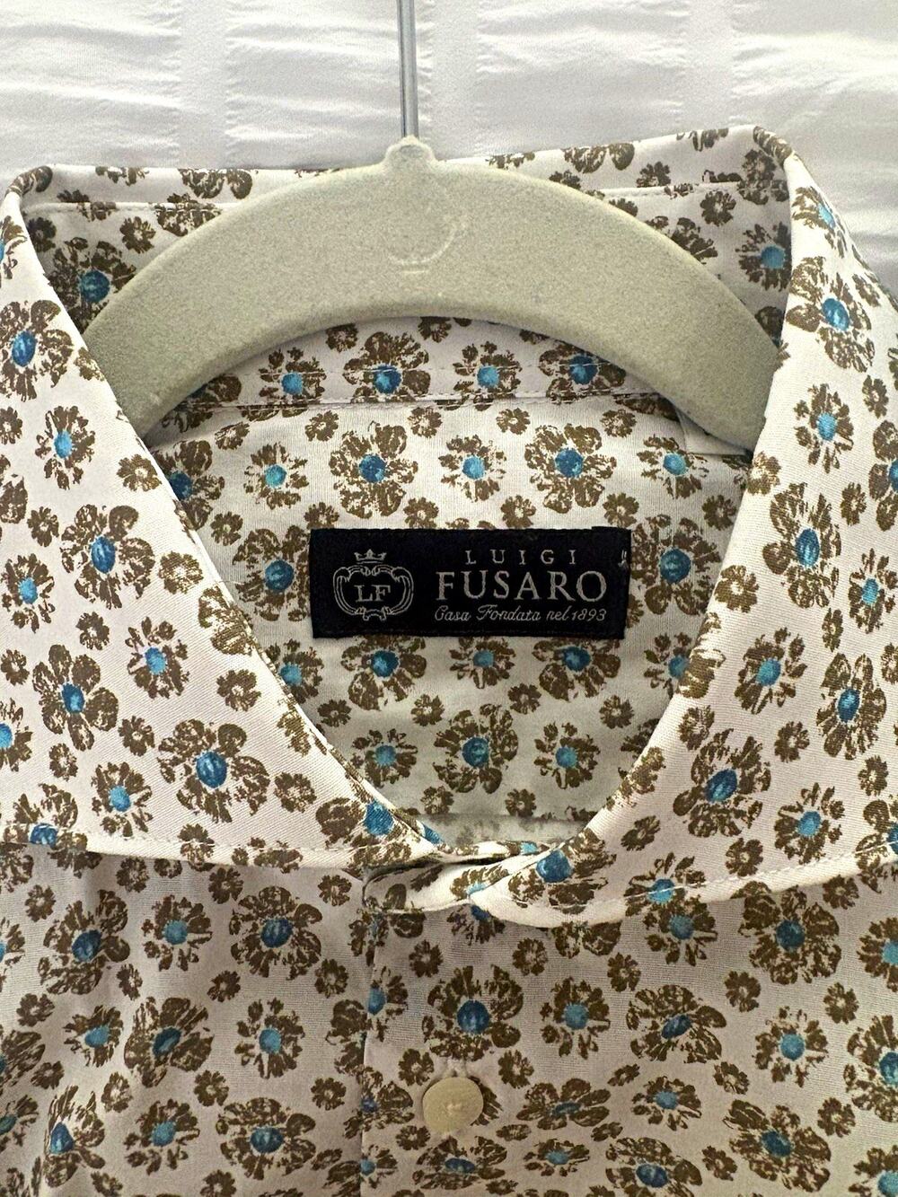 Luigi Fusaro Men's Floral Dress Shirt White/Blue/Brown 15.5 32/33 Slim Stretch